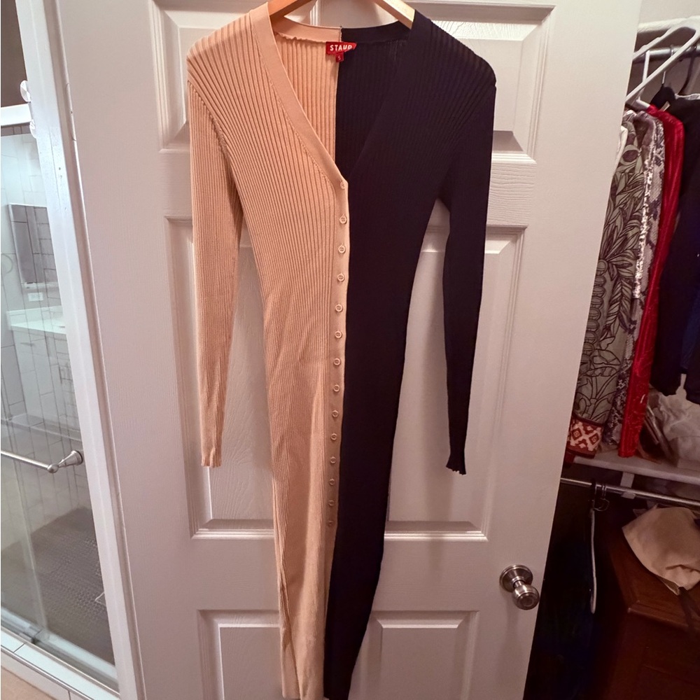 STAUD Two-Tone Ribbed Button-Front Midi Dress in Beige & Black
